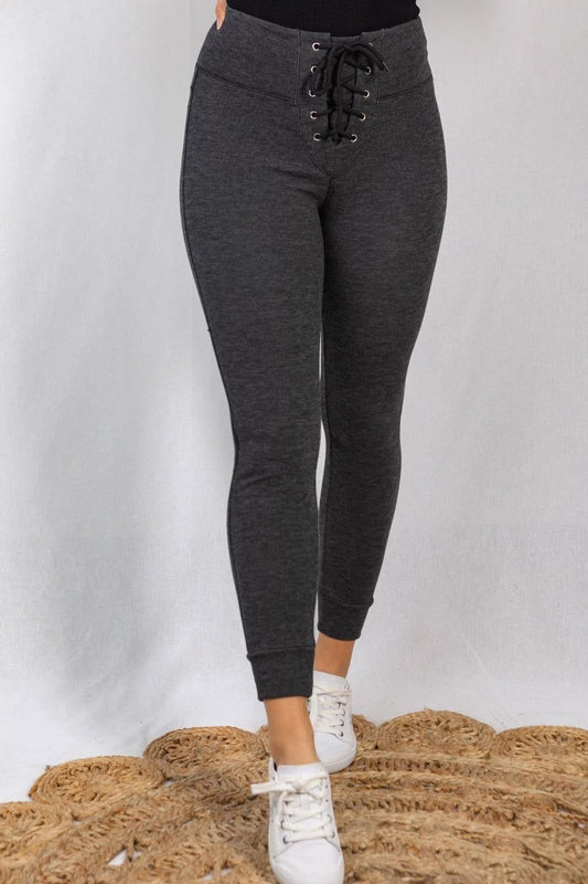 Women's Laced Up Fleece Leggings - Brynn and Rae Boutique