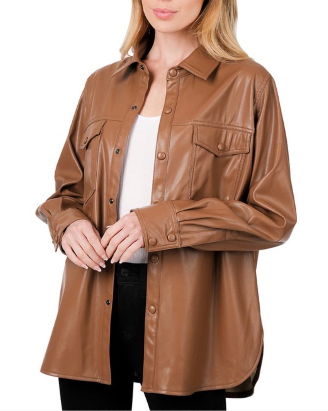 Sandy Faux Leather Shacket (S-XL) - Brynn & Rae Boutique